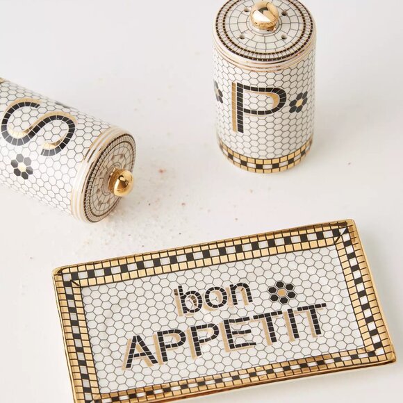 Anthropologie Bistro Tile Stoneware Salt Pepper Shaker Set 3 Pcs Mosaic New - Picture 2 of 6
